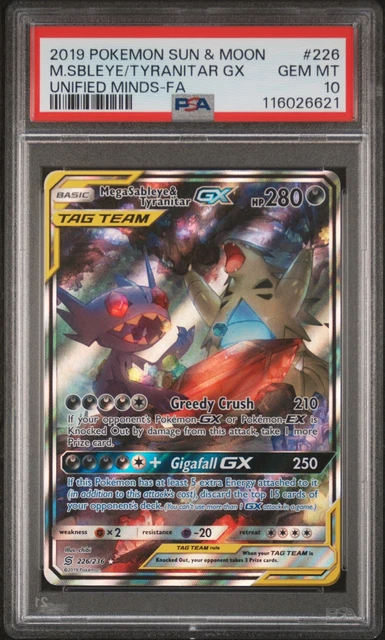 POKEMON SUN & MOON UNIFIED MINDS FULL ART/MEGA SABLEYE & TYRANITAR GX PSA 10