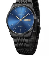 S&T Design Herren Quarz Armbanduhr Edelstahl schwarz blau Day-Date 40 mm