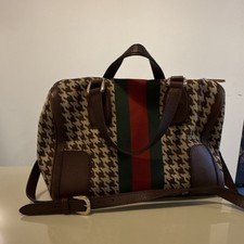 Gucci Houndstooth Striped Satchel with Leathe...