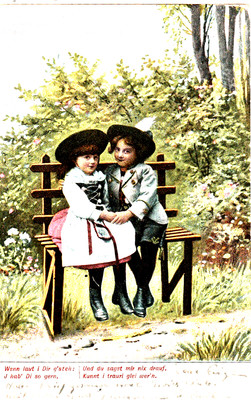 Postcard Boy and Girl in Alpine Costume on a Bench -1904-