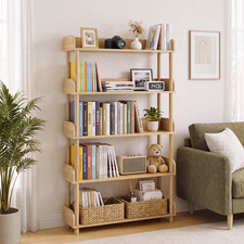 5-Tier Wood Bookshelf Freestanding Open Storage Shelves Solid Wood Legs