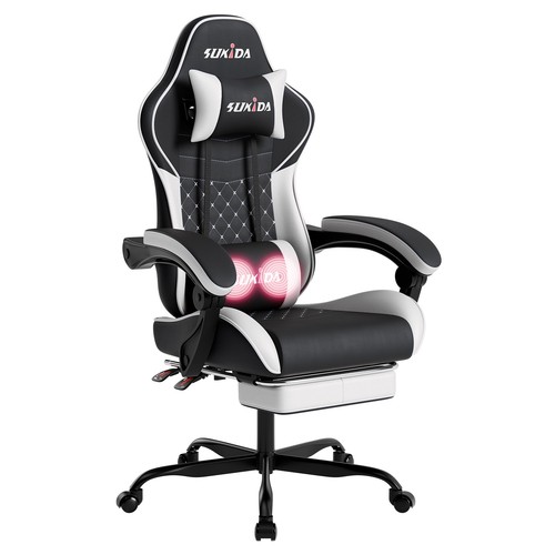 Gaming Chair Massage Lumbar Support Swivel Height Adjustable Headrest Backrest
