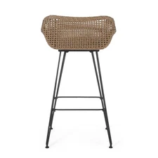 Transitional Wicker & Iron Barstools 29.25" with Water-Resistant Beige Cushions