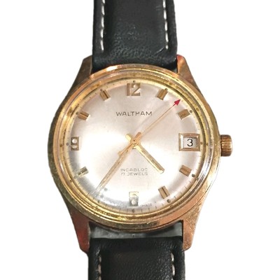 Waltham Super Clean Gold Black Leather Band Wind-Up Men's Wrist Watch WORKS!