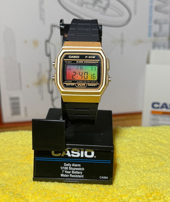 Casio F-91W Mens Watch Color Mod:  Gold Case / Rainbow LCD - Brand New