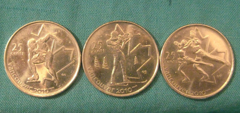 Canada 2010 Vancouver Olympic 25c-Lot of 3-Biathion-Figure Skating-Speed Skating