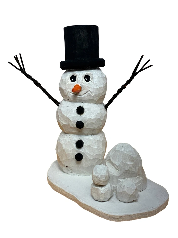 Classic Hand Carved Winter Snowman with Top Hat - Caricature Table Ornament - Image 1 of 4