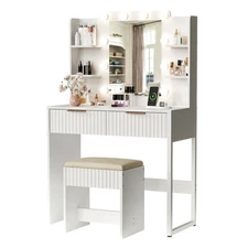 Fluted Makeup Vanity Desk with Mirror & Lights & Power Outlet, Vanity Table