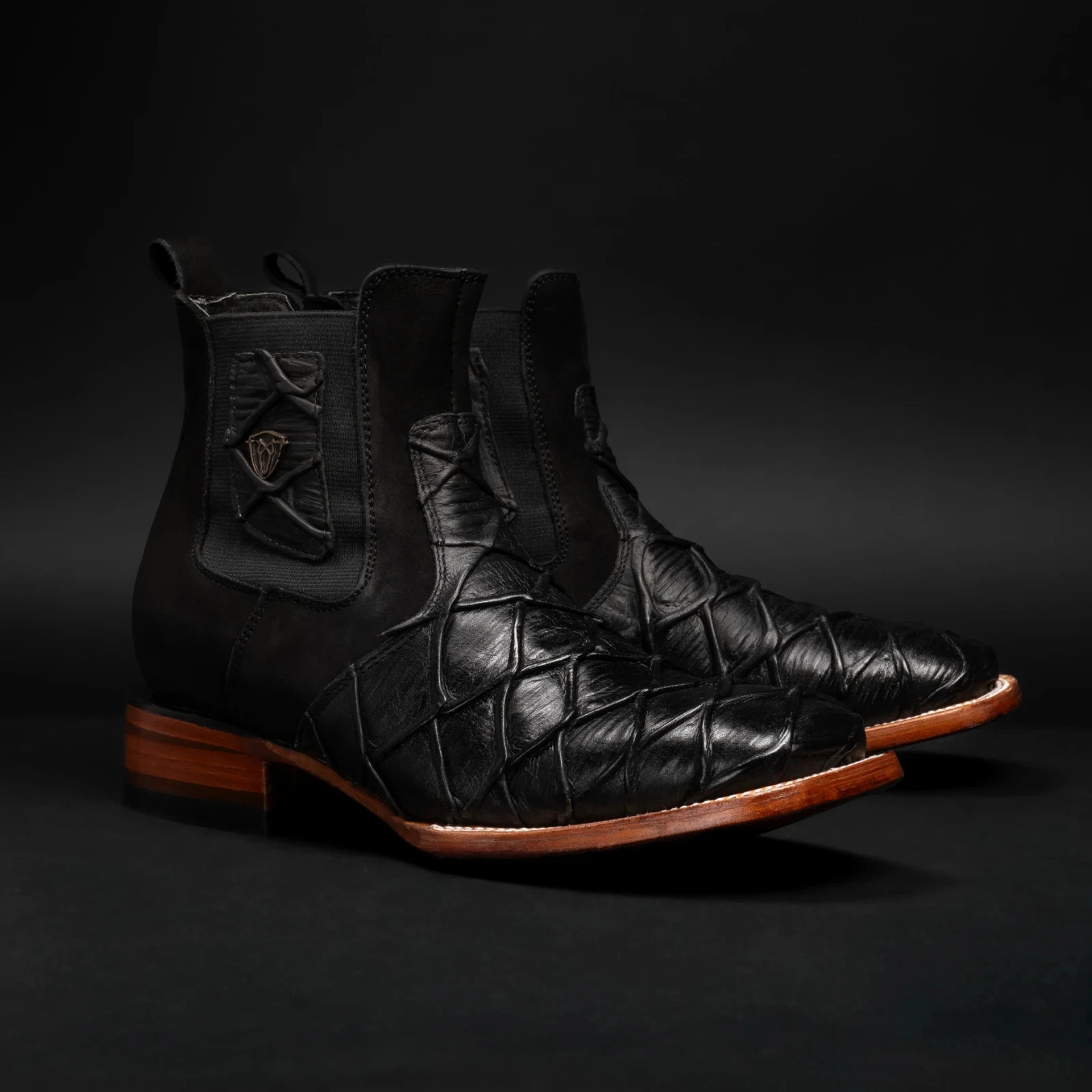 Genuine Leather Exotic Monster Fish Pirarucu Print Square Toe Western Ankle Boot