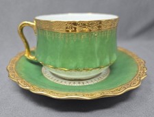 Straus L S & S Limoges Cup and Saucer Green & Gold