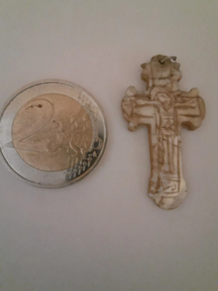 ANCIENNE CROIX PENDENTIF en NACRE GRAVÉE BROCHE JESUS MARIE JOSEPH  XIXe - Photo 4/4