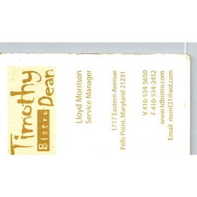 Timothy Dean Bistro L Morrison Fells Point MD Vintage Business Card STB7-BC15