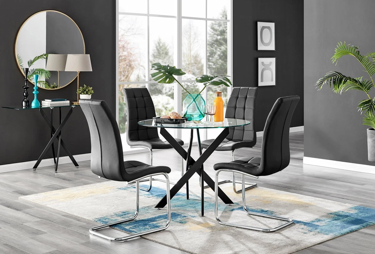 NOVARA 100cm Round Glass and Black Leg Dining Table 4 Faux
