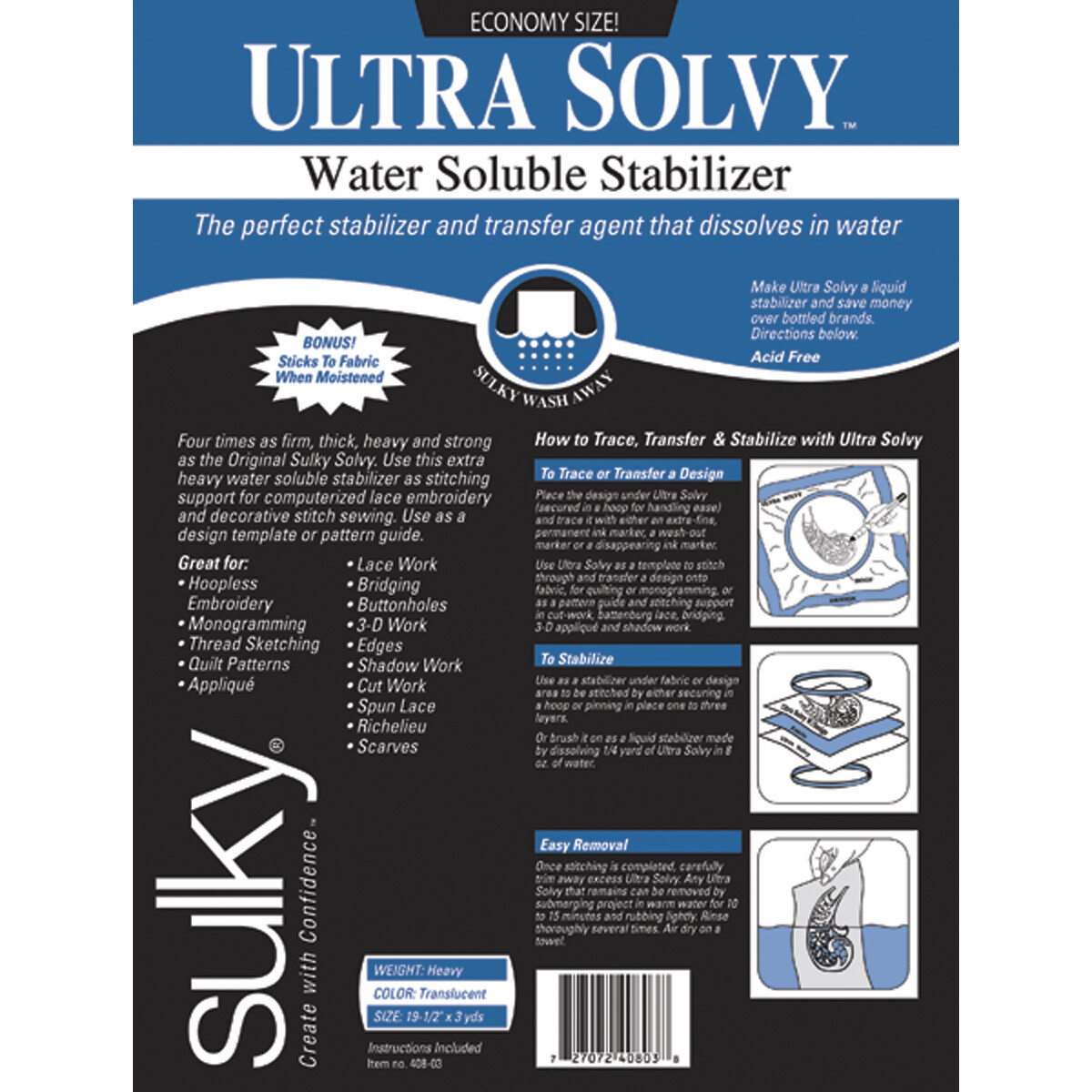Sulky 408-03 Ultra Solvy Water-Soluble Stabilizer-19.5"X3yd