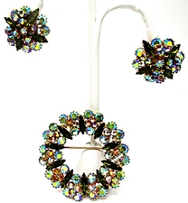 Vintage Alice Caviness Aurora Borealis Rhinestone Brooch & Earrings Set Signed
