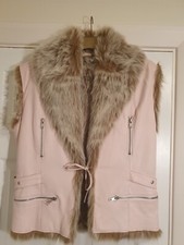 Ladies Baby Pink Leather & Faux Fur Lined Gilet Winter Waistcoat Size 12 Eu 38