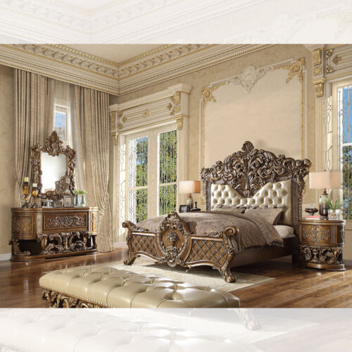 Luxury Ornate King Bed Antique Gold & Brown Carved Wood Old World Baroque Rococo - Picture 8 of 22