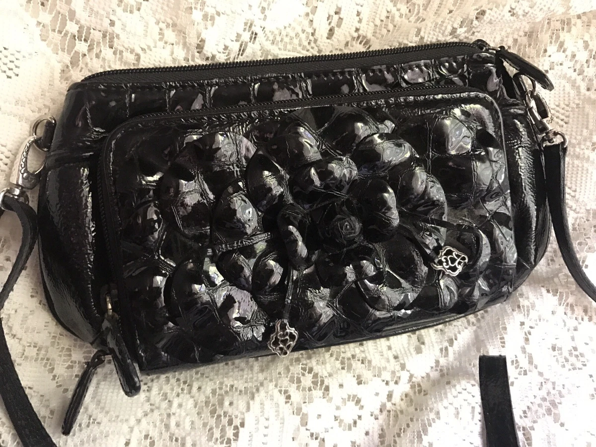 BRIGHTON Black ROSALIE Wild ROSE FLOWER MG PURSE WALLET ORGANIZER CROSSBODY BAG