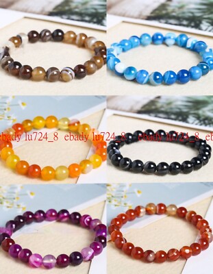 Natural 6/8/10/12mm Multicolor Striped Agate Gemstones Round Beads Bracelet 7.5''