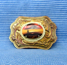 Western Belt Buckle Desert Landscape Art Mount Cowboy Cowgirl Vtg 80s  .TYC186