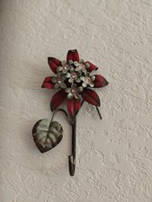 Vintage Metal Enamel Coat Hook With Flower and Rhinestones Wall Hanging