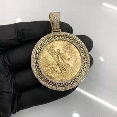 Pendant 14k Yellow Gold Plated 1.8Ct Round Lab Creat Diamond 50 Pesos Centenario