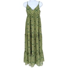 F21 Women Green Tribal Diamond Print Tiered  Empire Maxi Dress Boho Flowy  S