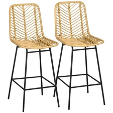 HOMCOM Rattan Bar Stools Set of 2, 26" Counter Height Barstools, Boho Kitchen Is