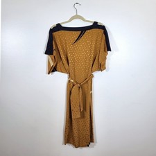 Vintage Flora Kung Ochre Jacquard Batwing Sleeve Silk Midi Dress and Belt
