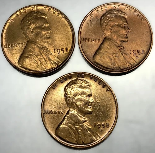 1952 P S D Lincoln Wheat Cents Penny Set of 3 Coins Lot AU/UNC 1c US Coin -3303
