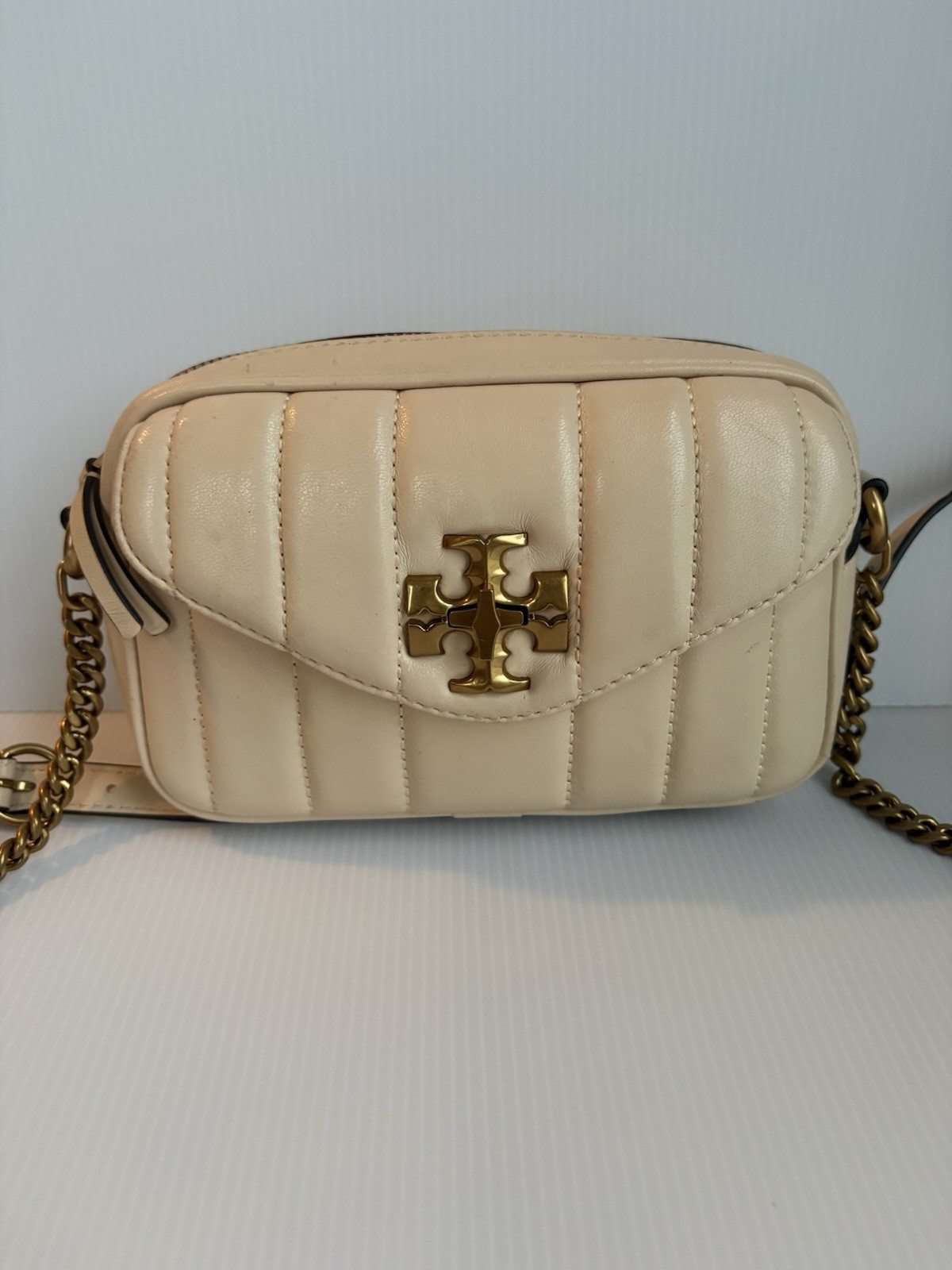 Tory Burch Kira Quilted Leather Camera Bag In Brie Color Chain Strap