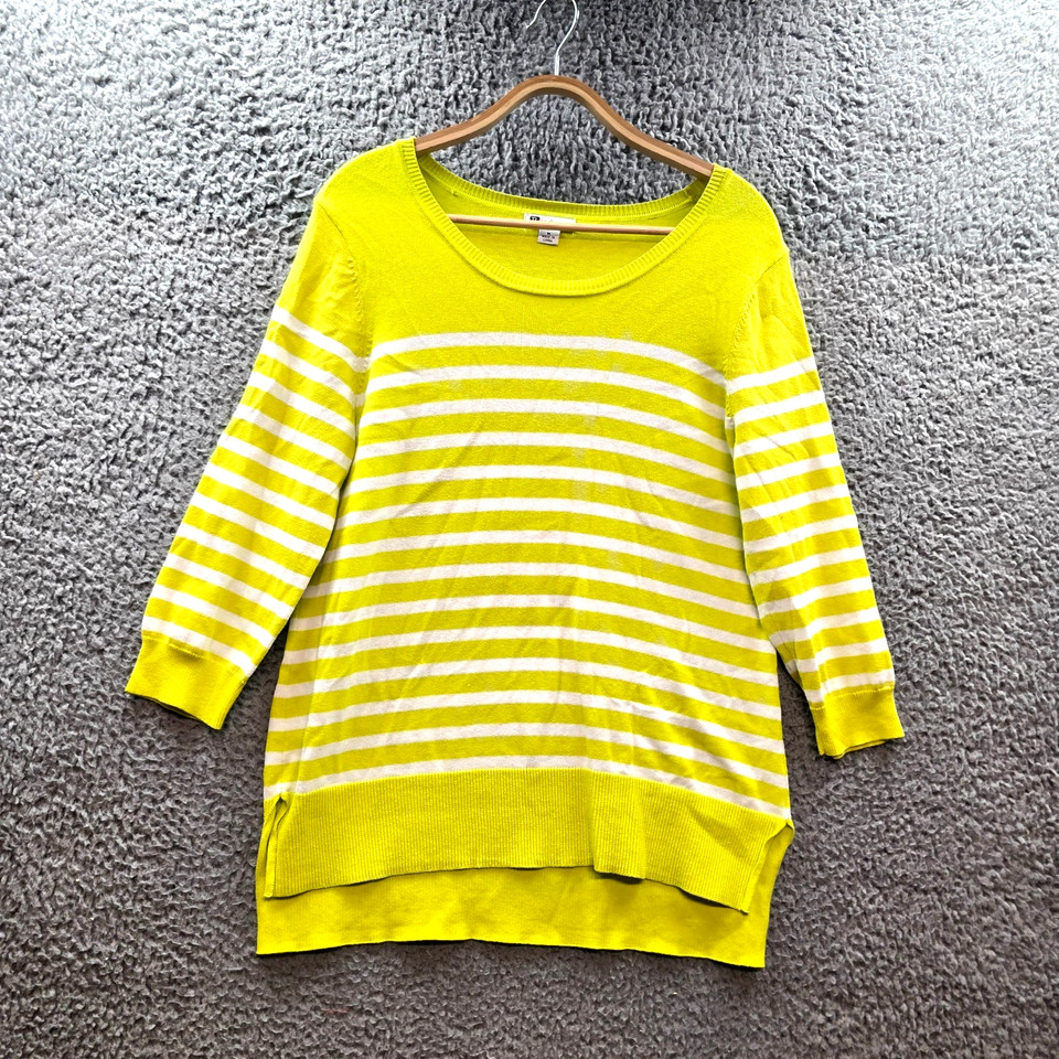 Rockmans Womens Jumper Size M Yellow White Stripe Knit 3/4 Sleeve Round Neck