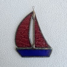 VTG Sailboat Stained Glass Suncatcher Nautical Lake Boat Red Blue Hanging 3 1/4"