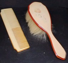 Celluloid Brush and Comb Hand Painted Baby Face Flowers Decoration Child Vanity