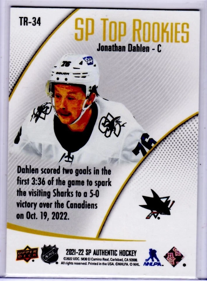 2021-22 SP Authentic Jonathan Dahlen Top Rookies Card # TR-34 - Image 2 of 2