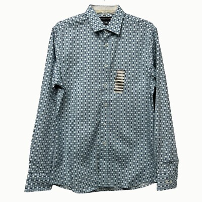 Nick Graham Blue Geometric Print Modern Fit Button Up Long Sleeve Shirt Mens S
