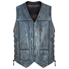 Mens Genuine GRAY Leather 10 Pockets Motorcycle Biker Vest Laces GREY All Size