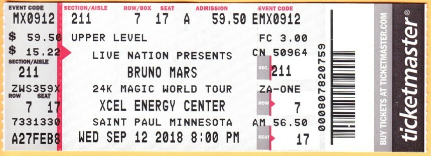 2018 BRUNO MARS concert ticket Saint Paul Minnesota 24K MAGIC