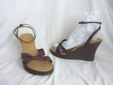 CATHY JEAN Size 6.5 M BROWN leather WEDGE heels ANKLE STRAP slides SANDALS