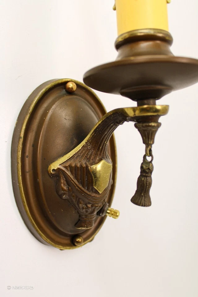 Pair Antique 1910s Arts & Crafts Deco Bronze Candle Sconce Wall Fixtures Rewired - Image 4 of 4