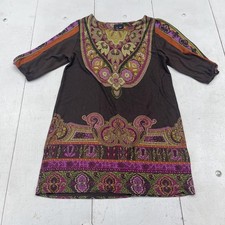 SNAP Dress Womens Medium Brown Multicolor Paisley Boho Shift 3/4 Sleeve Tunic