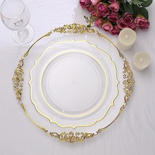 20 CLEAR 10.5" Round Plastic Dinner Plates GOLD Scalloped Rim Events