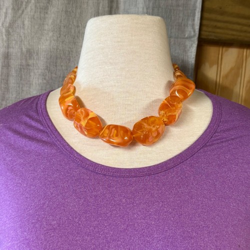 Vintage Style Orange Swirl Resin Acrylic Beaded Necklace Adjustable Chain - Picture 12 of 21