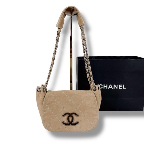 CHANEL Wild Stitch Chain Handbag Beige CC Logo Vintage Authentic