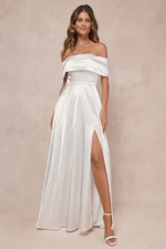LULU’s Greatest Hits Bridal White Satin Off-the-Shoulder Maxi Dress