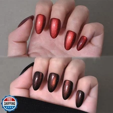 Cat Eye Press on Nails Short Almond - Dark Cherry Red Reddish Brown Shimmer G