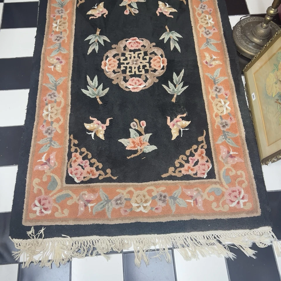 Vintage Art Deco Reproduction Chinese Wool Rug Floral Butterflies Black - Image 2 of 4