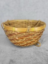Handmade Woven Bamboo Basket with Rope Handles Rustic Farmhouse 11" x 6"