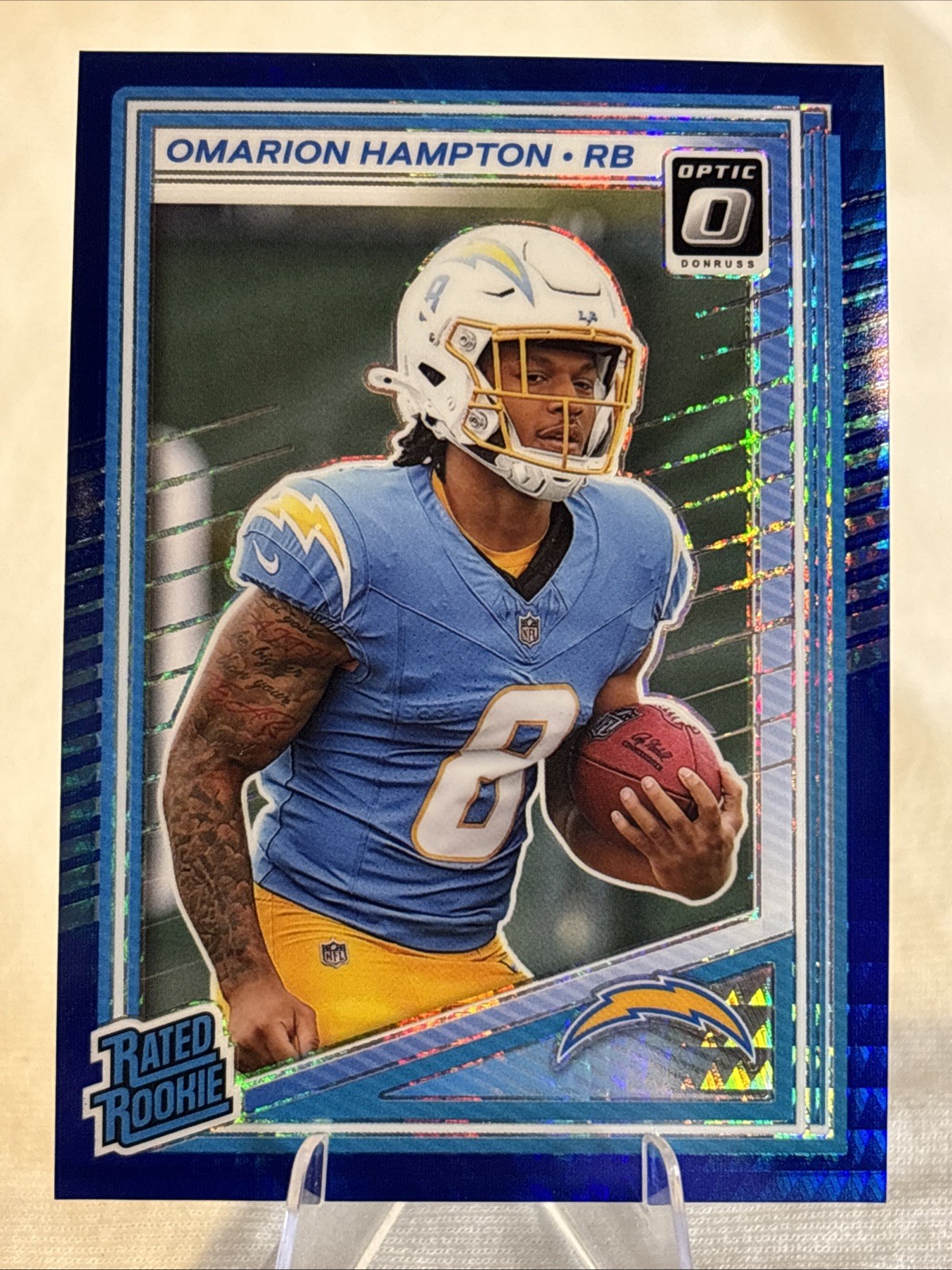 2025 Optic Rated Rookie Omarion Hampton Blue Hyper #212 - Chargers (RC)