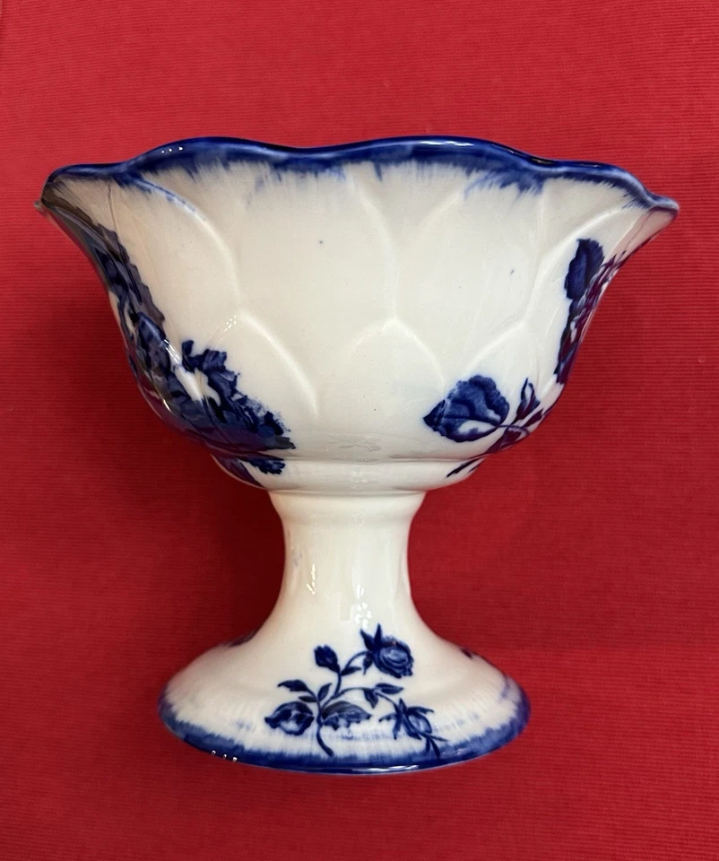 Antiga tigela inglesa de pedestal de pedra de ferro Staffordshire azul transferware c. 1890 - Imagem 4 de 4